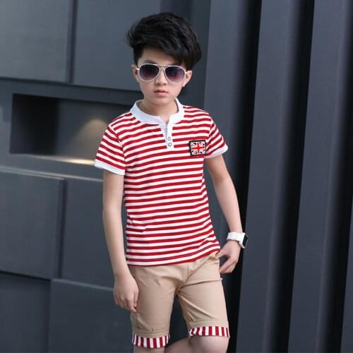 New 2019 Children Baby Boys Sets Fashion Striped O-Neck T-Shirt +Shorts Pants Kid Suit For 5 6 8 10 12 Years Old Wear 2 Colors