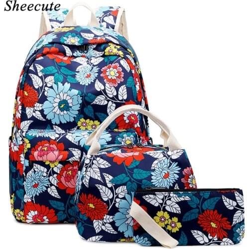 New Nylon Waterproof Women Backpack Children School Backpack Flower Printing Female Backpack Travel Girl School Bags 3pcs/set