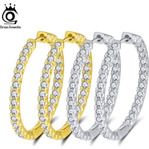 ORSA JEWELS 2019 Silver Color High Polished Hoop Earrings Paved with AAA Austrian Cubic Zirconia for Wedding Party Jewelry OE137