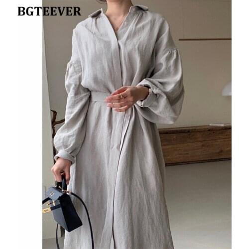 BGTEEVER Autumn Vintage Loose Women Dress Vintage Ladies Vestidos Lantern Sleeve Lace-up Female Dress 2021 Women Midi Vestidos