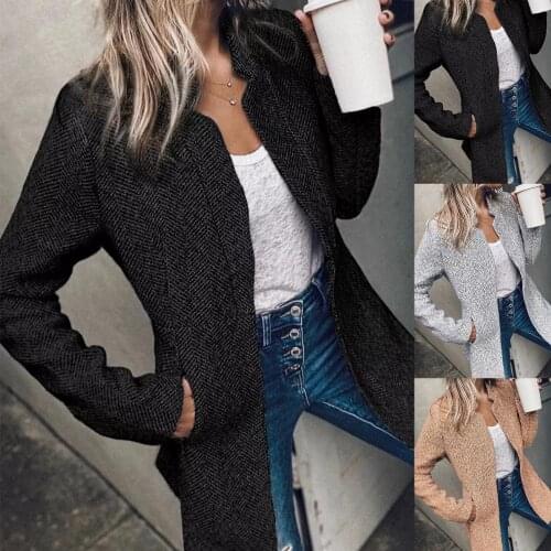 2021 Women Fashion Autumn Winter Solid Color Stand Collar Long Sleeve Thick Slim Mid-length Coat Jacket Outwear