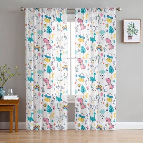 Luxury Tulle Curtains Dinosaur Leaves Cartoon Living Room Kitchen Chiffon Curtain Youth Bedroom Sheer Floor Valance Curtain