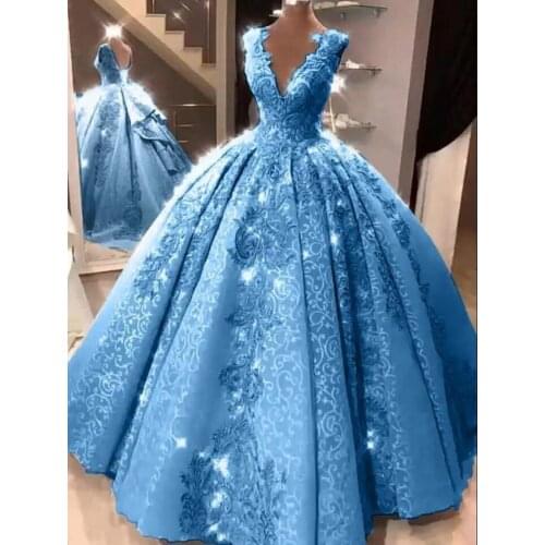 Blue Ball Gown Quinceanera Dresses V Neck Appliques Lace Prom Party Gowns for Girls 15 Years Crost Back