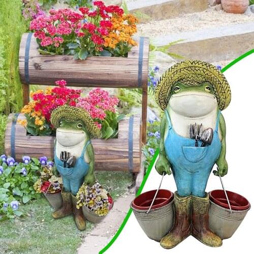 Vintage Style Gardener Frog Statue with Straw Hat Resin Flowerpot Decoration Fairies Garden Miniature