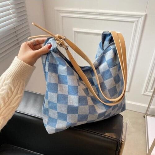 Large Capacity Casual Tote Bags Womens Shoulder Bag Plaid Canvas Handbags Designer Female Shopping Bags