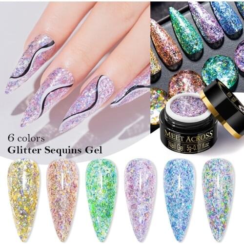 MEET ACROSS Glitter Sequins Nail Gel Rich and Bright Colord Gel Nail Polish 5g Semi Permanent Gel Varnish For DIY Nail Art Desig
