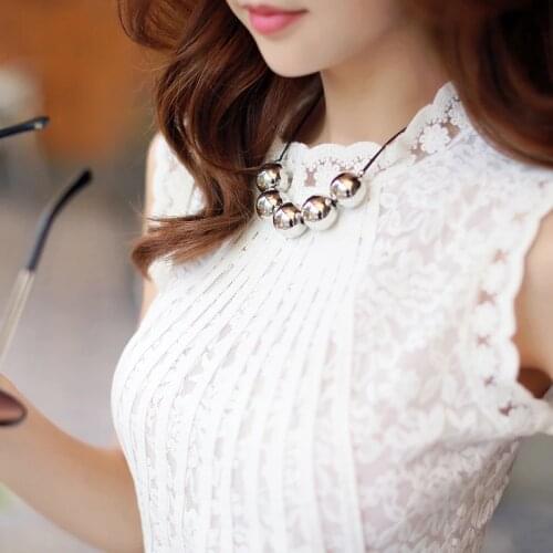 Women Office Lady Lace Blouse Summer Autumn Sleeveless White Blouse Femme Stand Collar Work Wear Tops Blusas Verano Mujer 2021