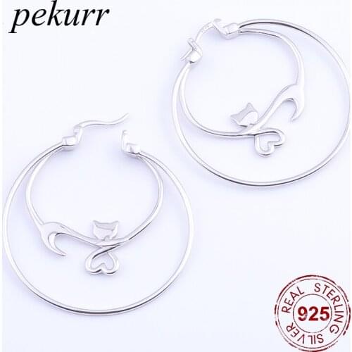 Pekurr 100% 925 Sterling Silver Earrings Cat Hollow Heart Women Big Hoop Earrings Cute Girl Fashion Jewelry High Quality