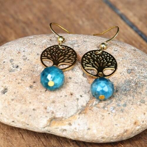 Women Stainless Steel Tree of Life Earrings Apatite Stone Charm Drop Dangle Earring Cute Elegant Jewelry Femme