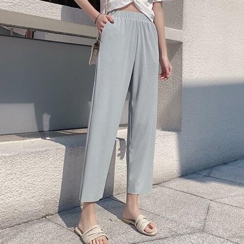 2020 Spring Summer Women Pants Thin Cropped Pants Drape Loose High Waist Straight Pants Ladies Office Wide Leg Pants Trousers