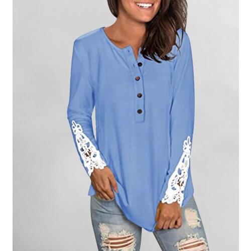 Womens Tops Solid Color Lace Patchwork T-shirts Fashion Long-sleeved Casual Pullover Top Autumn Female Basis Tops Women Clothes