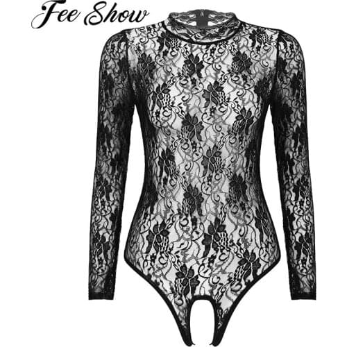 Women See-Through Floral Lace Crotchless Bodysuit Stand Collar Long Sleeve Back Zipper Sissy Leotard Lingerie Teddies Nightwear