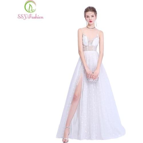 SSYFashion New Luxury Evening Dress High-end White Sexy V-neck Sleeveless Backless Lace Beading Prom Formal Gown Robe De Soiree