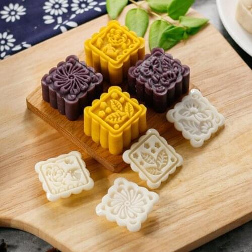 4 Flower Stamps Moon Cake Decor Mould DIY Pastry Square Mooncake Mold Tool 75g