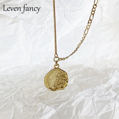 925 Sterling Silver Jewelry Necklace Irregular Box Chain and Figaro Chain Round Medal Weave Beach Surface Pendant Necklaces