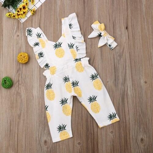 Baby Girl Summer Clothes Sleevless Ruffle Pineapple Print Romper Jumpsuit Headband 2Pcs Outfits