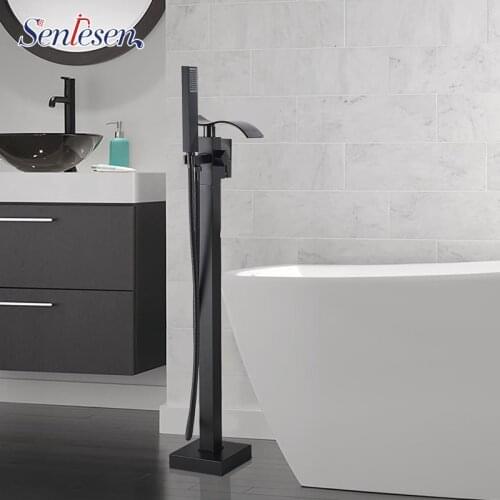 Senlesen Black Flooring Standing Bathroom Tub Faucet Single Handle Solid Brass Cold and Hot Water Mixer Tap For Bathtub Faucets
