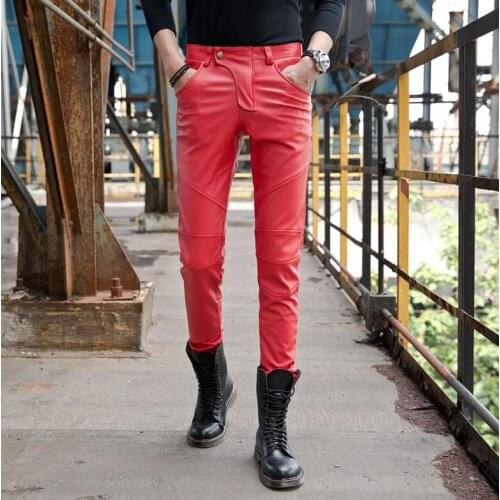 Elasticity fashion motorcycle faux leather pants mens feet pants Plus velvet thicken pu trousers for men pantalon homme red