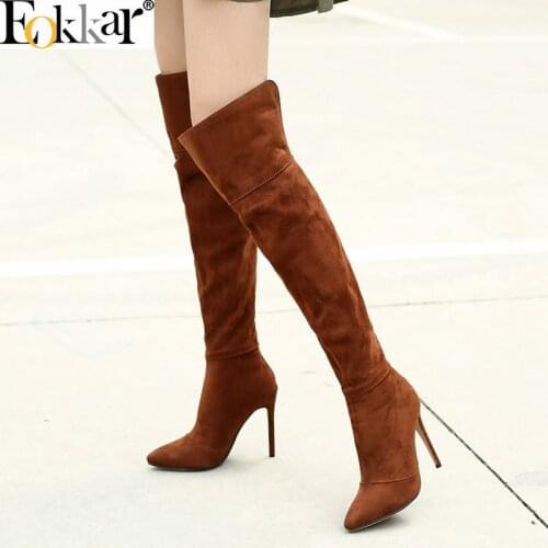 Eokkar 2020 Plus Size 45 Super High Heel Women Over The Knee Boots Pointed Toe Stiletto Heels Warm Black Winter Boots Size 34-45