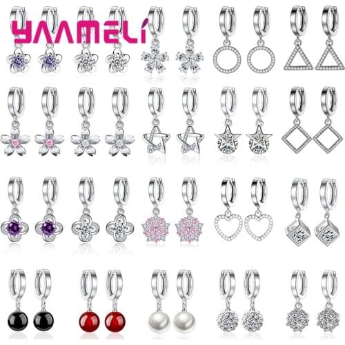 Big Sale Earrings 925 Sterling Silver Rhinestone Crystal Triangle Circle Heart Star Flower Wedding Brincos Pendientes Jewelry