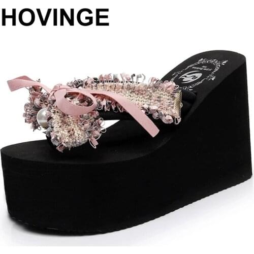 HOVINGE Women Fashion Summer shoes Wedges Heels Flip Flops Casual Shoes Arrival Taiwan Slippers Bow Lady wedding sandals women