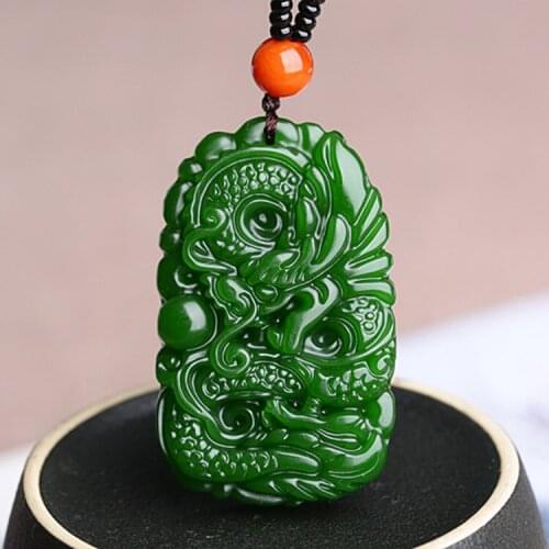 Chinese Green Jade Dragon Pendant Necklace Charm Jewellery Fashion Accessories Hand-Carved Woman Amulet Sweater Chain