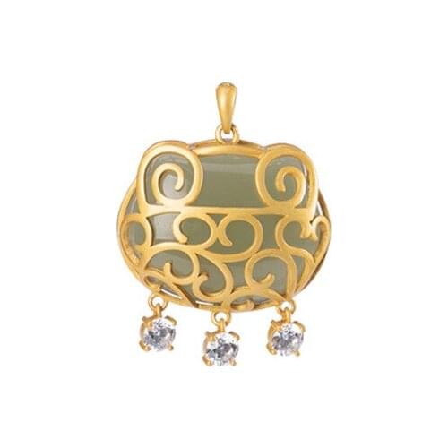 S925 sterling silver gold plated Natural Hetian jade Gray jade Pendant Retro Personality Hollow out Lock of good wishes Pendant