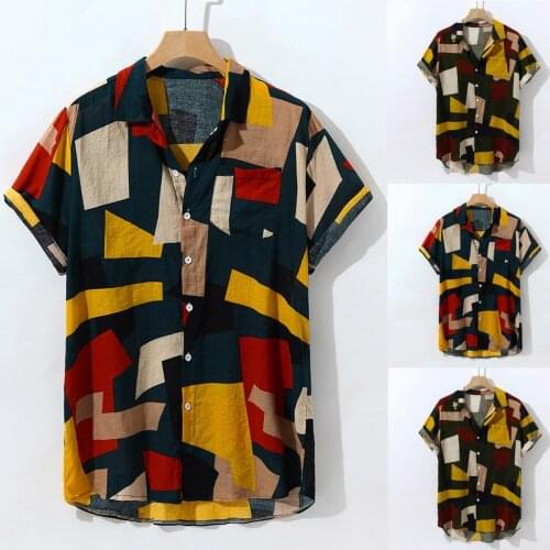 Mens Hawaiian Vacation Irregular Print Button Casual Short Sleeve Shirt Top Loose Short Sleeve Casual Button T-shirt