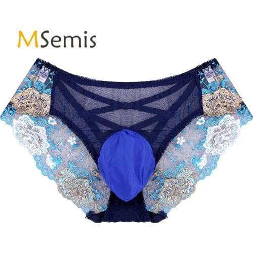 Gay Mens Lingerie Sissy Underwear See-through Embroidered Erotic Hot Briefs Panties Hollow Out Cross Back Low Rise Underpants