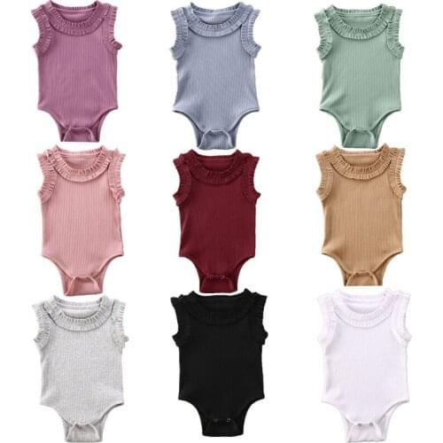 NEW 2020 Summer Infant Newborn Baby Girls Clothing Ruffled Ribbed Solid Romper Bodysuits Sleeveless Cotton Onepiece Sunsuit