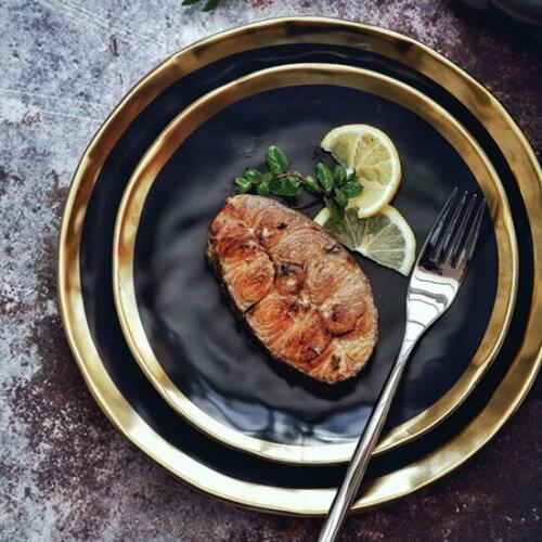 New European Style Gold Side Black Plate Retro Tableware Matte Steak Dish Dessert Tray Kitchen Dinner Ceramic Cup and Bowl Sets