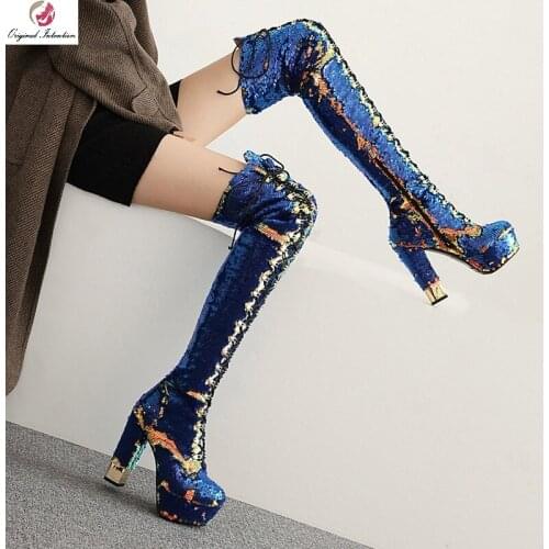 Women Boots Sequined Cloth Over The Knee Long Boots Round Toe Square Heel High Heels Winter Platform Zip Shoes Woman Size 33-43