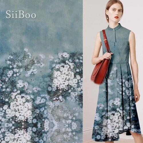 Blue white elegant floral positioning print 100% silk crepe de chine fabric for dress pure silk tissue tela tejido 12mm SP5056