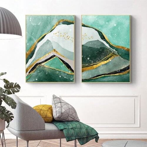 Nordic Green Gold Abstract Mountains Canvas Painting Living Room Porch Landscape Poster and Print Wall Pictures Room Decoration