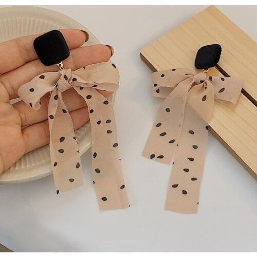 Sweet Pink Polka Dot Ribbon Bowknot Earrings for Women Black Crystal Large Crossed Knot Dangle Earrings Vintage Jewelry