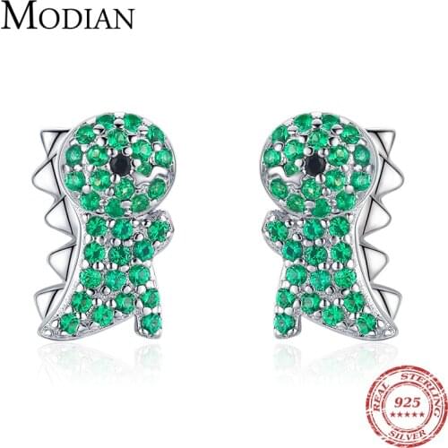Modian Genuine 925 Sterling Silver Trendy Green CZ Cute Dinosaur Stud Earrings For Grils Women Exquisite Animal Jewelry Gift