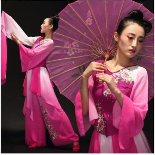 Embroidery umbrella Classical Dance Costume sequins Chinese poetic long water sleeves peony dance yangko dance wear