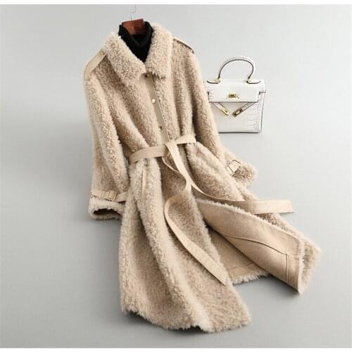 Winter Women Wool Fur Turndown Collar Coat Ladies Warm Jacket Coats Female Belt Long Sleeve Patchwork Plus SIze Outwear Mujer