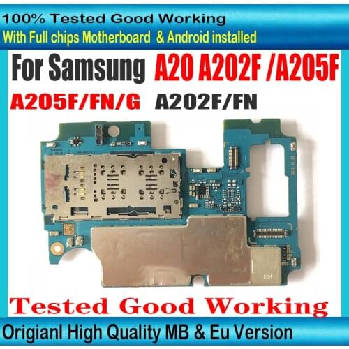 100% Original For Samsung Galaxy A20 A205F/FN A202F/FN 64g Motherboard with chips Logic Board Tested Good MB With Android System