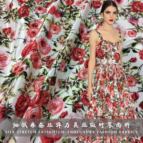 110cm wide 22mm silk & spandex red rose print stretch silk satin fabric for dress shirt clothes cheongsam C018