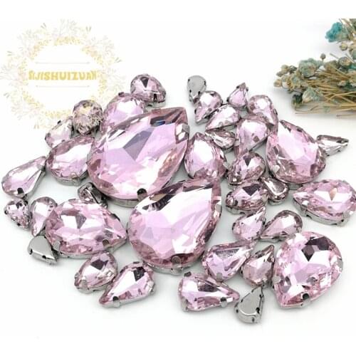 8 SIZES 35PCS Free shipping! Pink Water drop shape Glass Crystal sew on rhinestones with calw Diy wedding decoration
