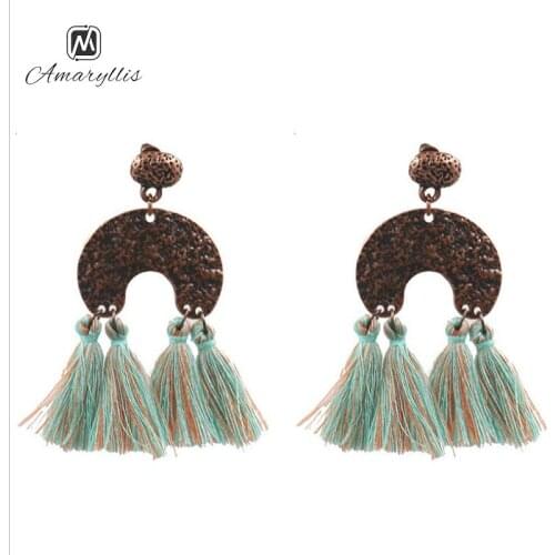 Amaiyllis Bohemia Mix Color Cotton Tassel Fringe Pendant Dangle Earrings For Women Ethnic Hammer Crescent Moon Geo Drop Earrings
