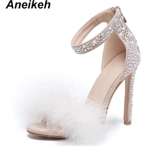 Aneikeh 2021 Flock Gladiator Women Autumn Bling Sandals Sweet High Thin Heels Zipper Daily Shoes Sandals Apricot Solid Size 42