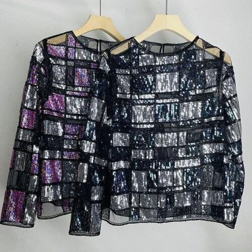 Shiny bling bling women sequined blouses sexy club party tops autumn shiny sequins women shirts hollow out shiny tops lady