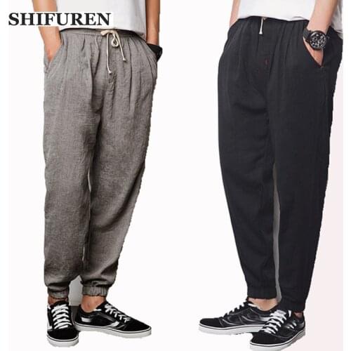 SHIFUREN Breathable Cotton Linen Harem Pants Mens Joggers 2019 Male Casual Summer Loose Elastic Waist Trousers Size M-4XL