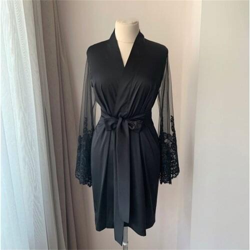 Black Bridal Robe with Belt Lace Sleeves Bridesmaid Party Dressing Gown Wedding Bathrobes Women Boudoir Sleepwear Nightgowns
