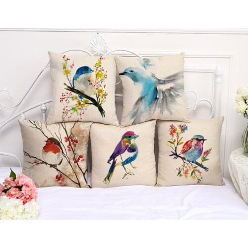 Decorative Pillow Case Bird And Floral Art Pillowcase 17.5 Inches Cotton Linen Chair Seat Throw Pillow Cover A1107