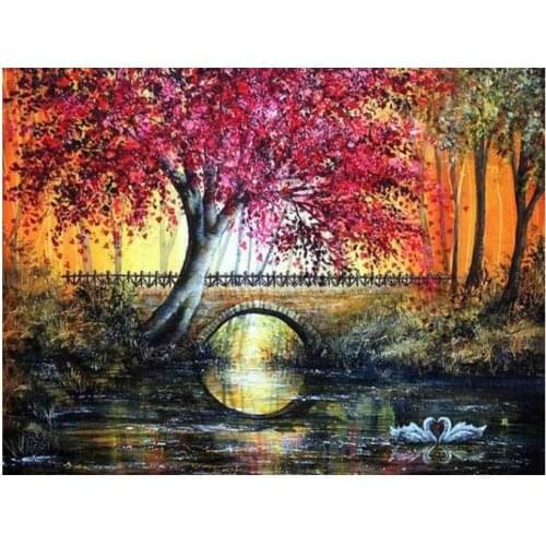 Tree diamond mosaic embroidery painting landscape bridge rhinestone sticker swans decoration diamond art needlework handcraft