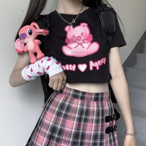Kawaii Cartoon Bear Sweet Apency Cute Tops Harajuku Casual Sexy Ultra Short Japan Y2k Sweet Girls Chic Streetwear Women T-Shirt