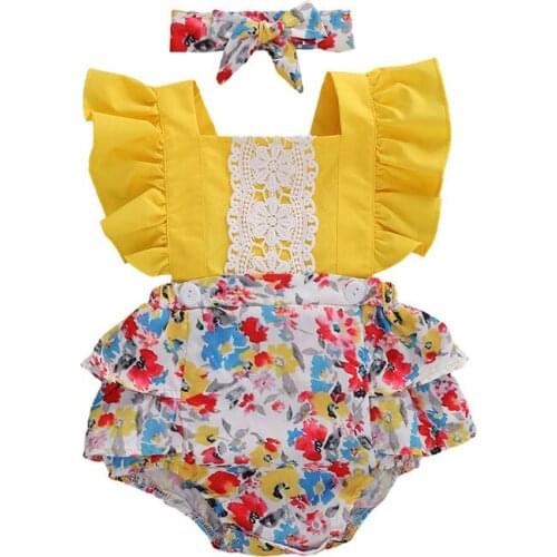 PUDCOCO 2Pcs Newborn Kids Baby Girl Ruffle Romper Flower Lace Bodysuit Big Bow Headband Outfits Summer Set